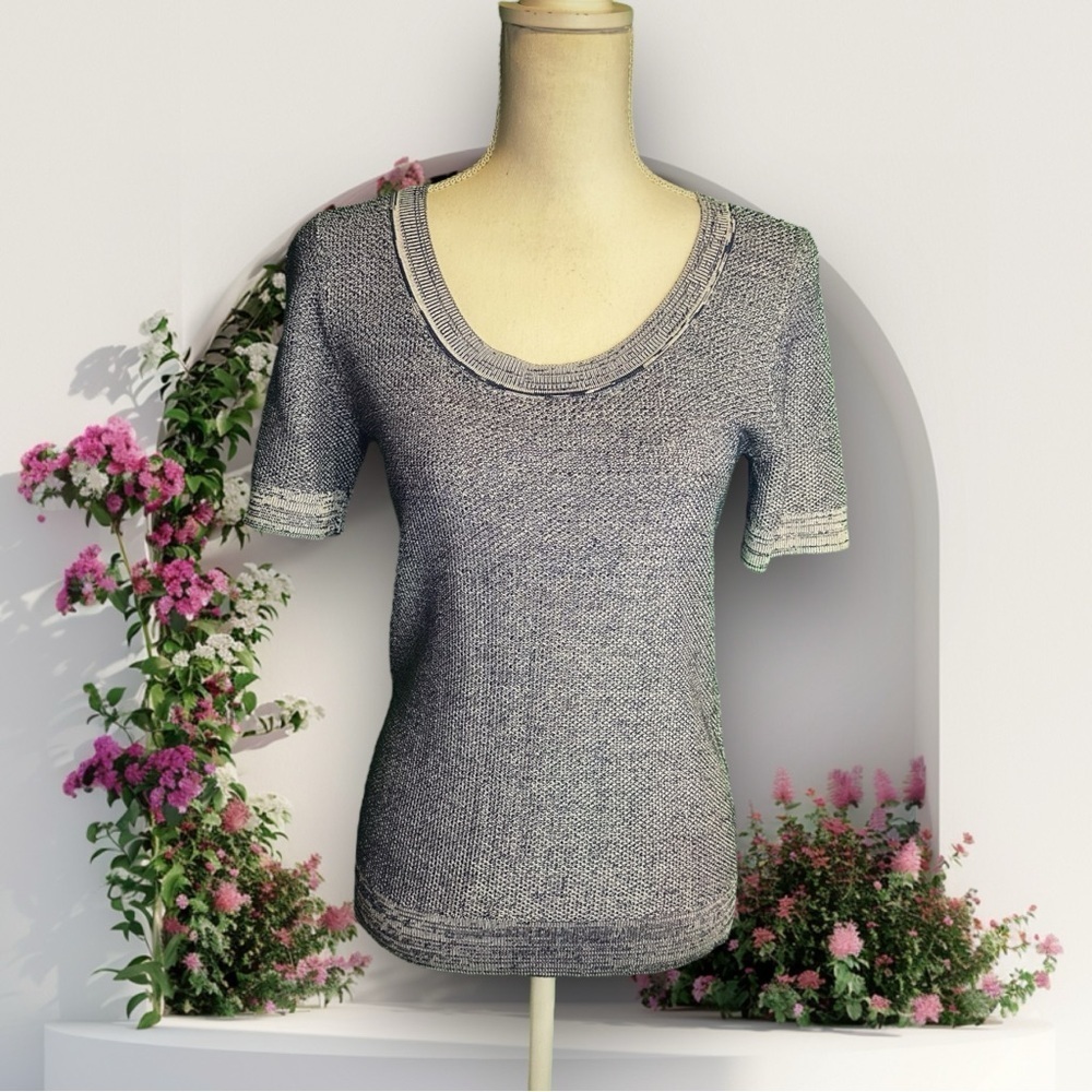NWT Ann Taylor Navy Blue & White Sweater Knit Scoopneck Short Sleeve Top Size S